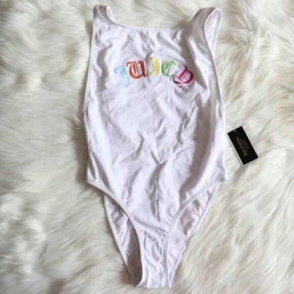 NWT Juicy Couture Logo White One Piece Swimsuit Bathing Suit Size XS Open Back - Picture 2 of 7